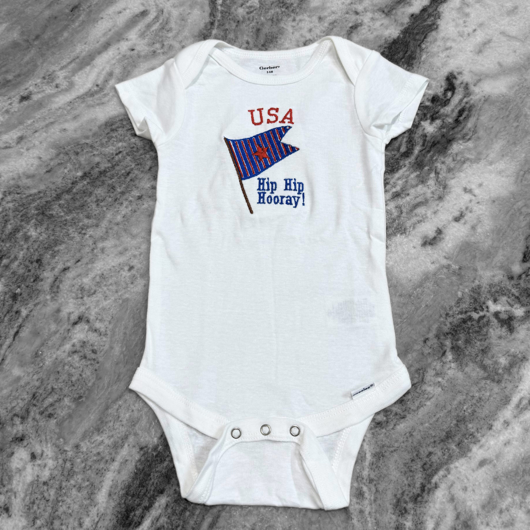 USA Hip Hip Hooray Embroidered White Onesie