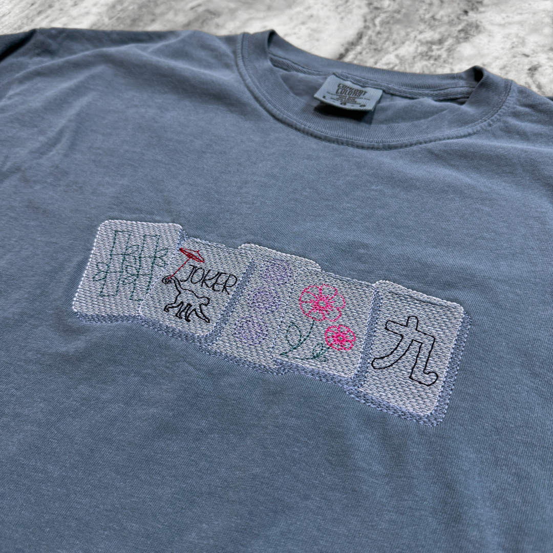 Mahjong Tiles Embroidered T-Shirt Ice Blue