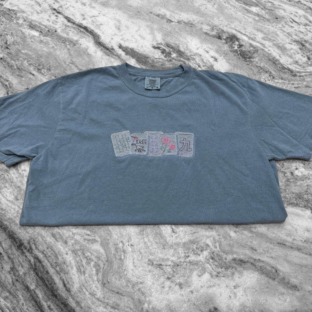 Mahjong Tiles Embroidered T-Shirt Ice Blue
