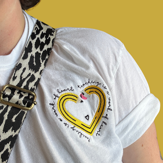 Teacher Pencil Heart Embroidered T-Shirt White