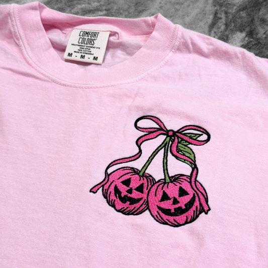 Pink Pumpkin Cherries Embroidered T-Shirt Blossom
