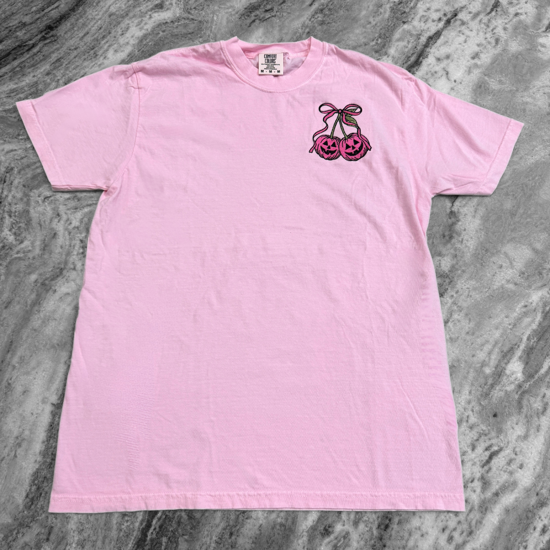 Pink Pumpkin Cherries Embroidered T-Shirt Blossom