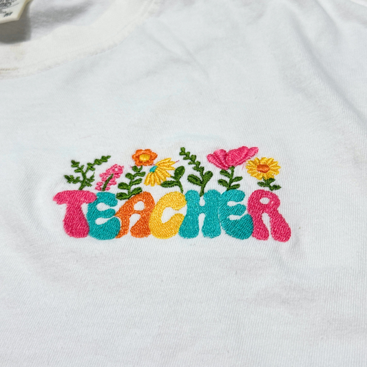 Teacher Flower Embroidered T-Shirt White