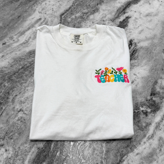 Teacher Flower Embroidered T-Shirt White