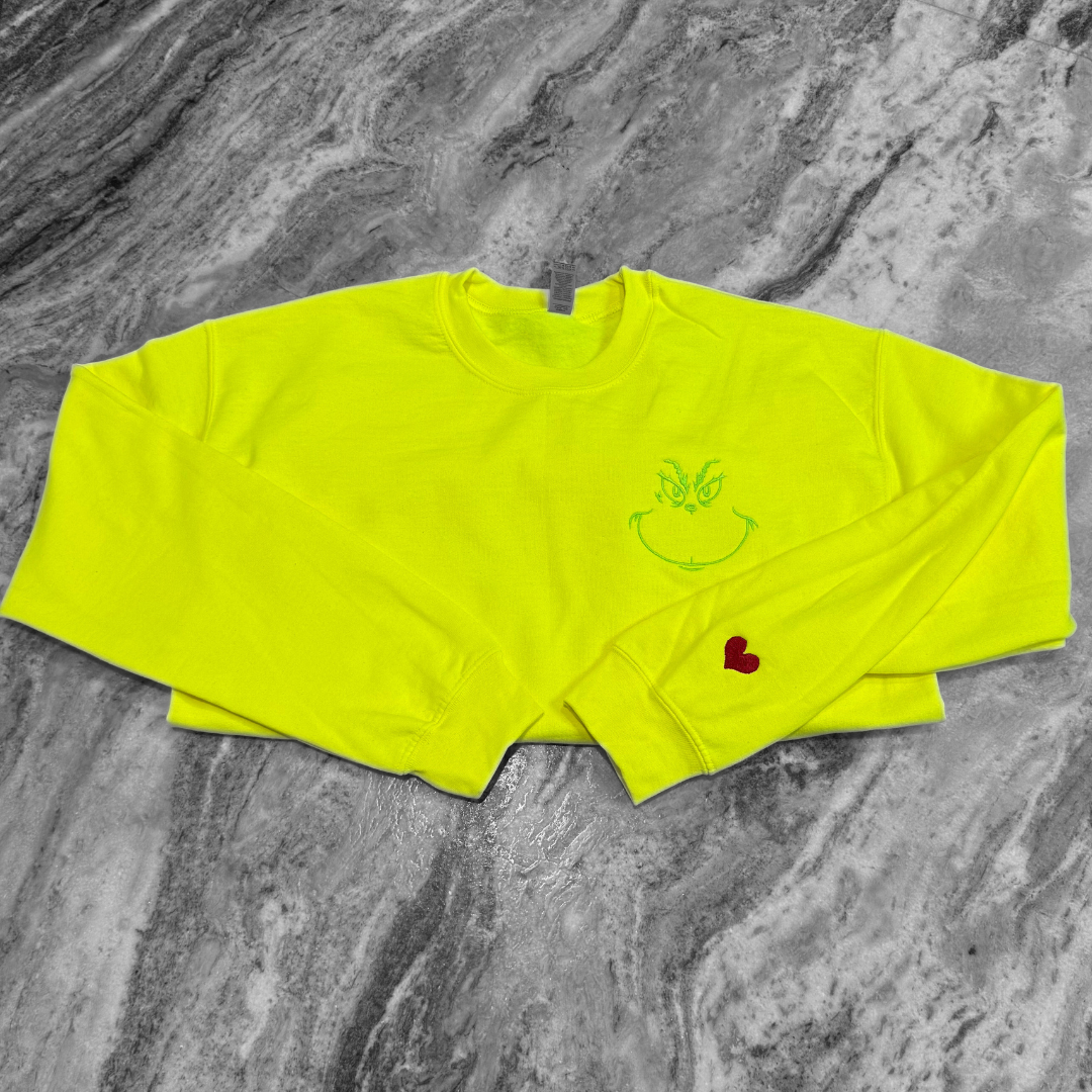 Grinchface + Sleeveheart Safety Green Embroidered Crew