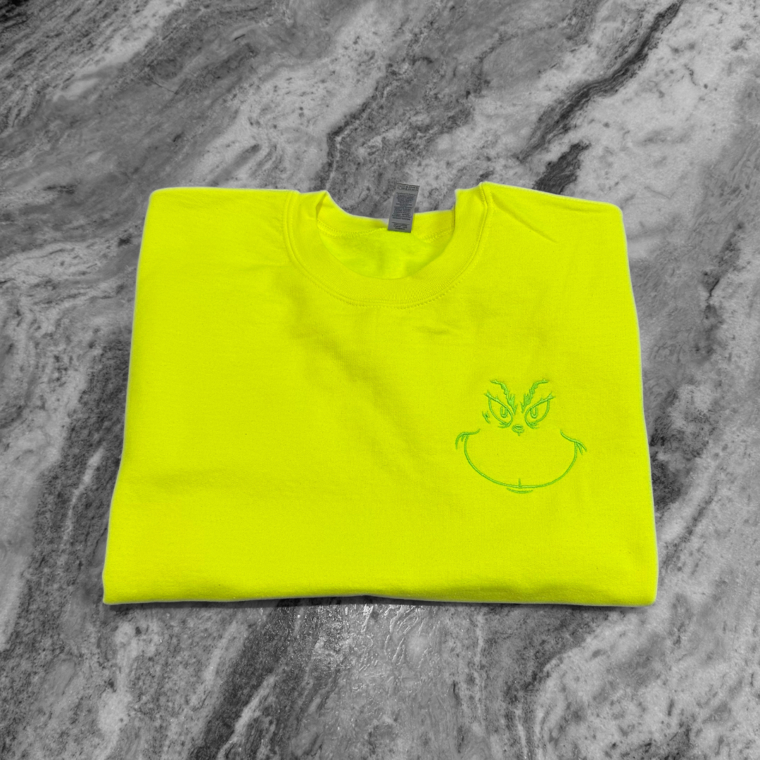 Grinchface + Sleeveheart Safety Green Embroidered Crew