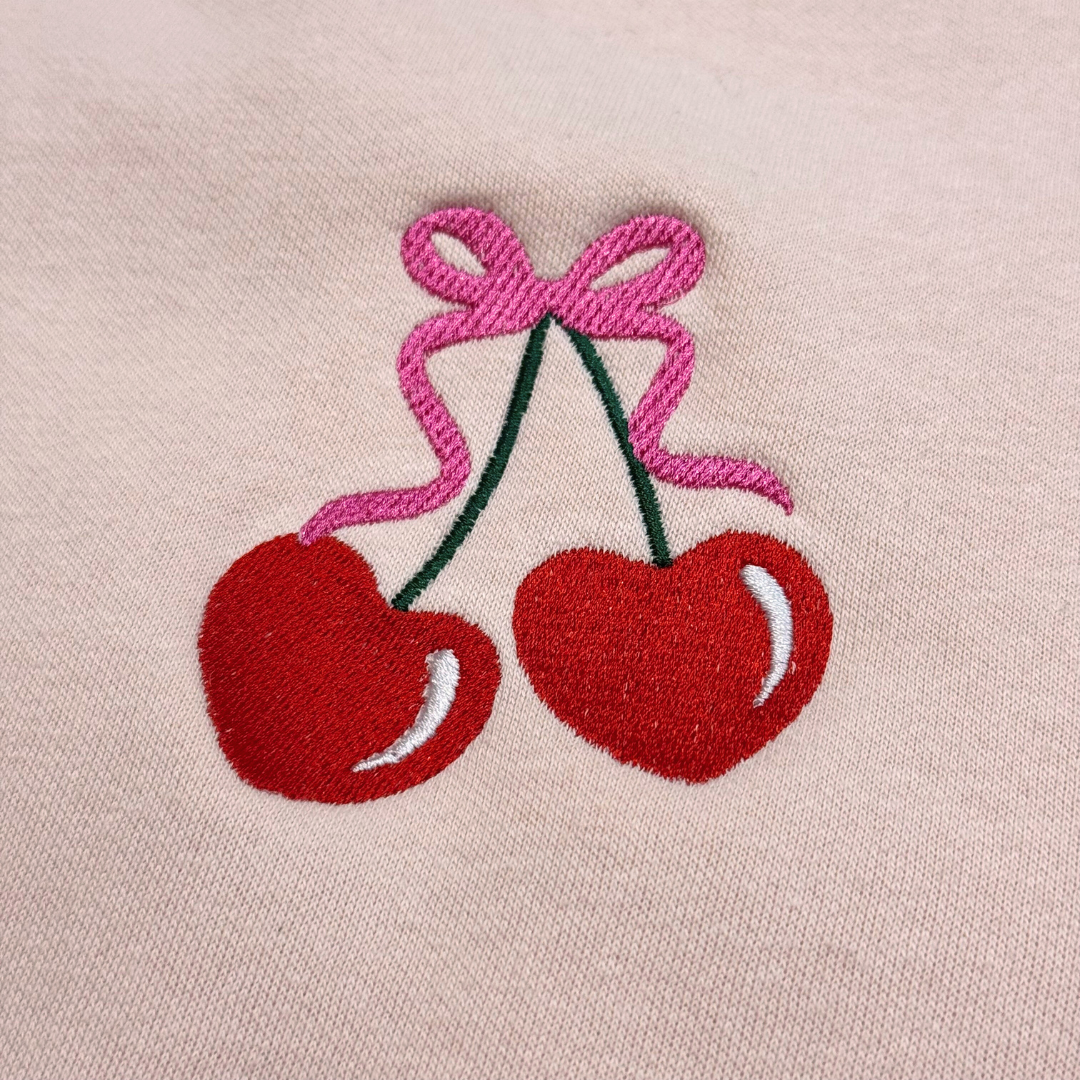 Heart Cherries Embroidered Crew