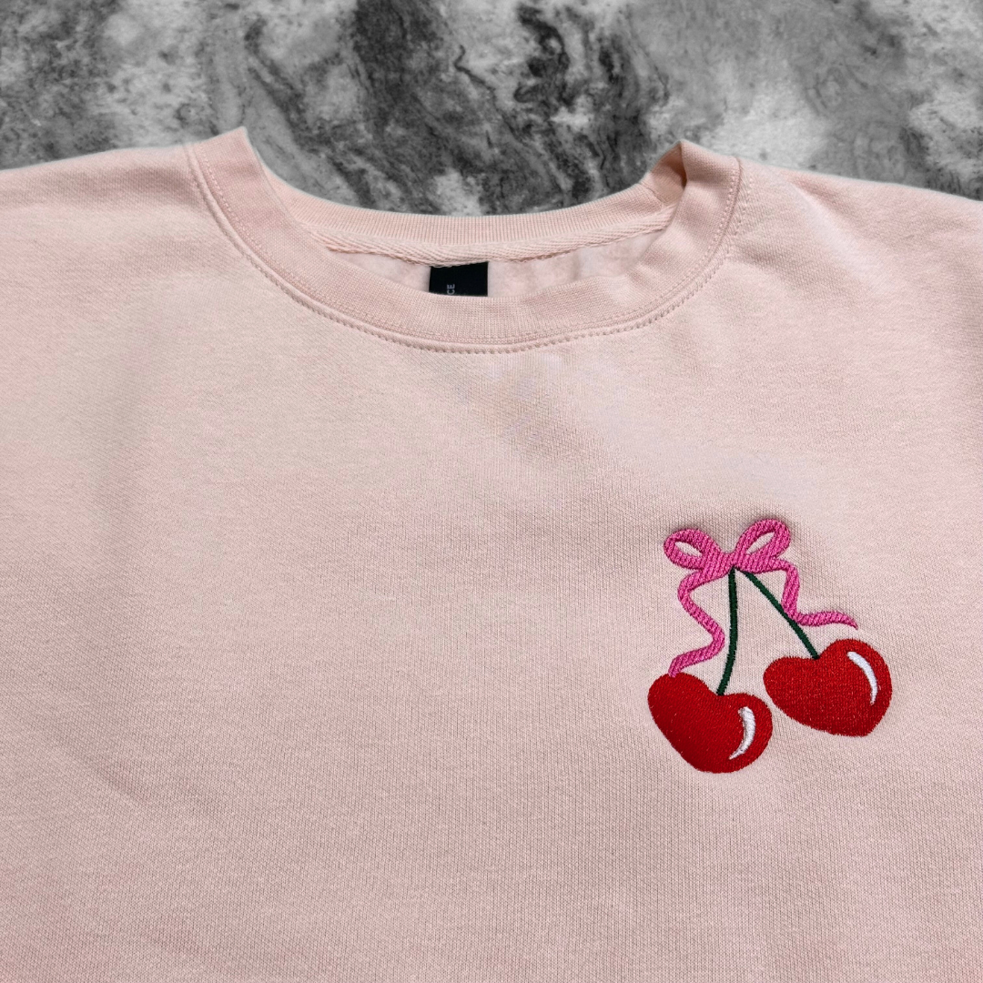 Heart Cherries Embroidered Crew