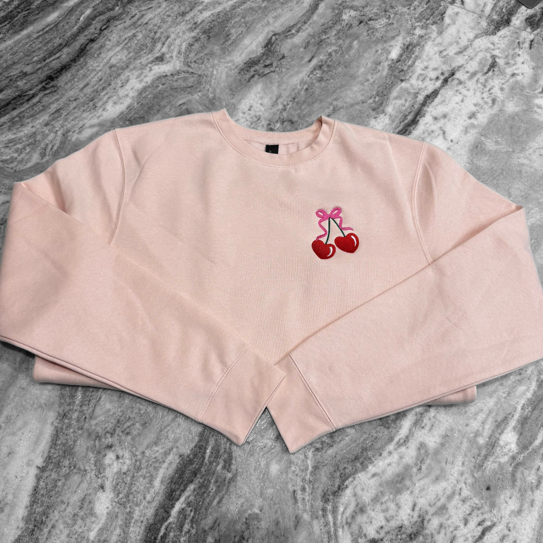 Heart Cherries Embroidered Crew