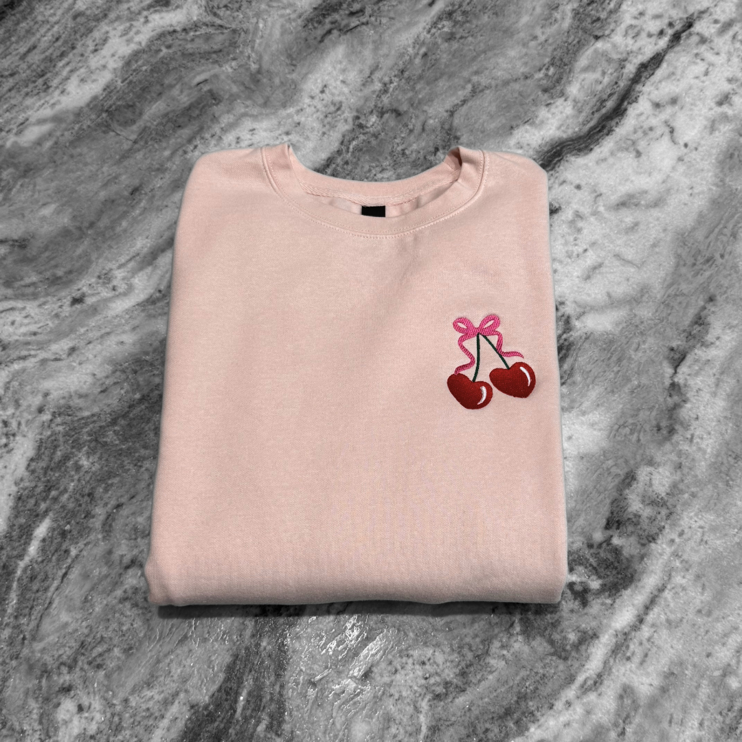 Heart Cherries Embroidered Crew