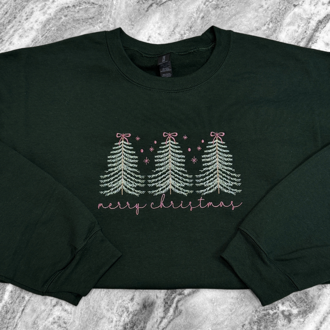 Merry Christmas Trees + Bows Crewneck Sweatshirt
