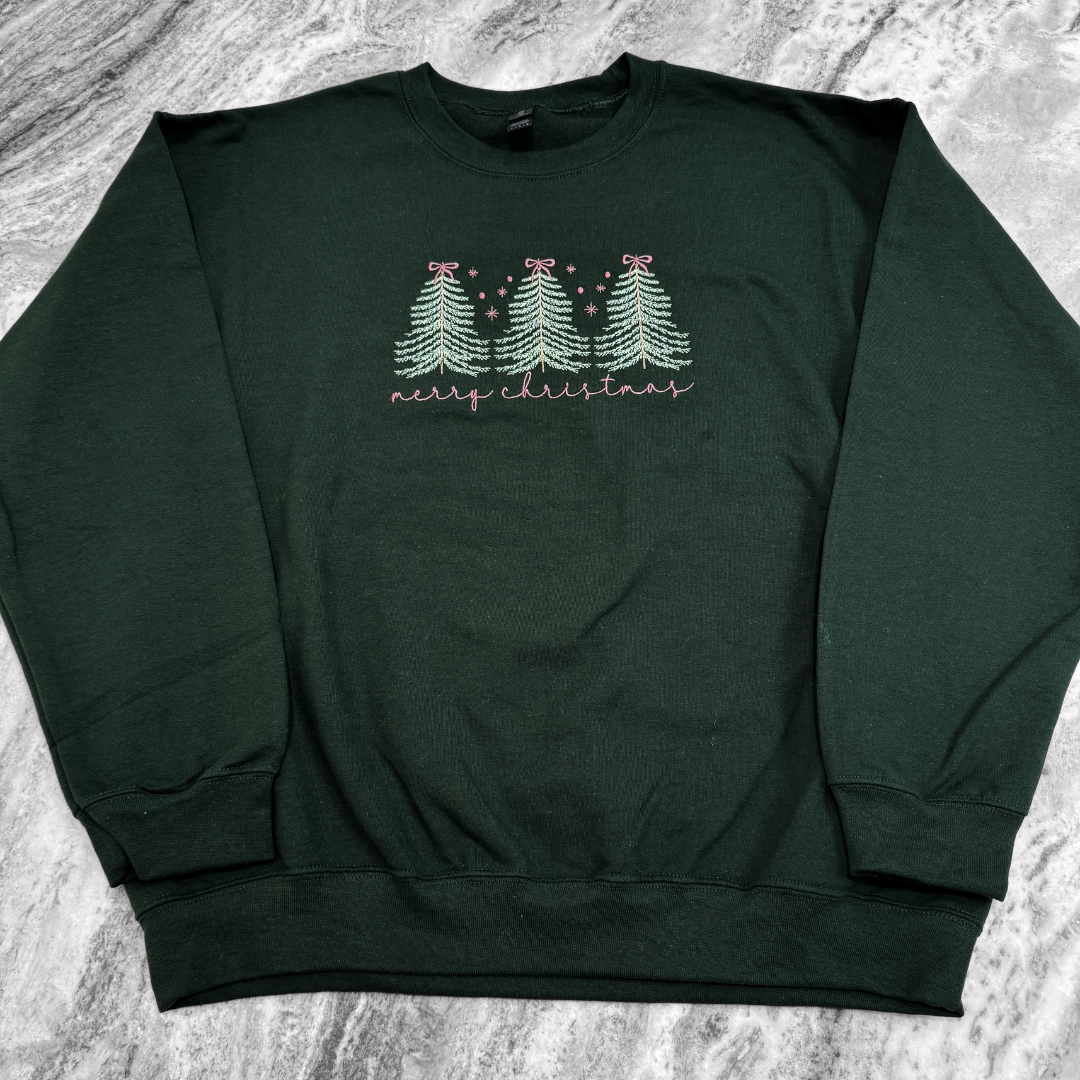 Merry Christmas Trees + Bows Crewneck Sweatshirt