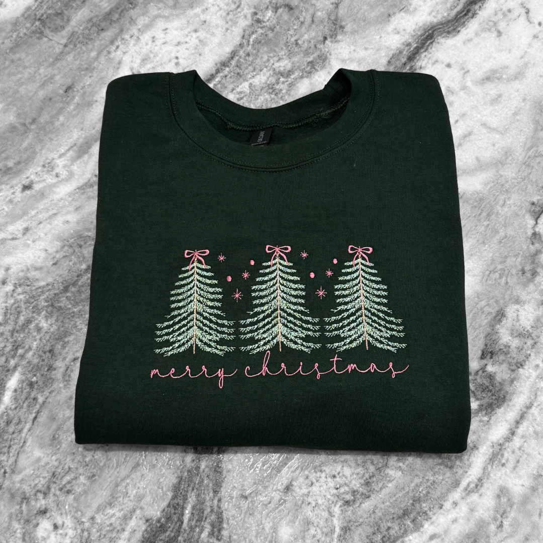 Merry Christmas Trees + Bows Crewneck Sweatshirt