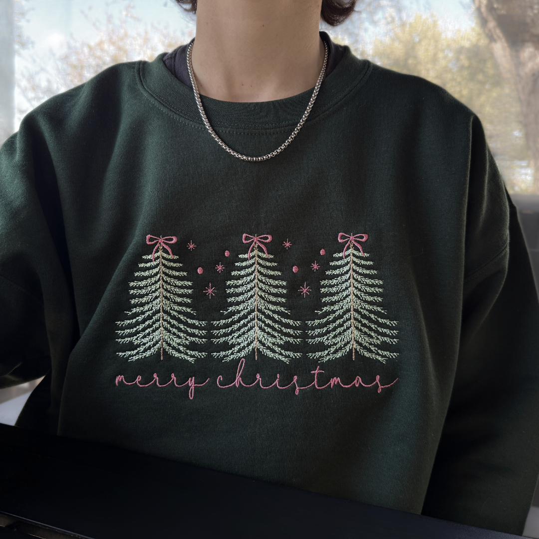 Merry Christmas Trees + Bows Crewneck Sweatshirt