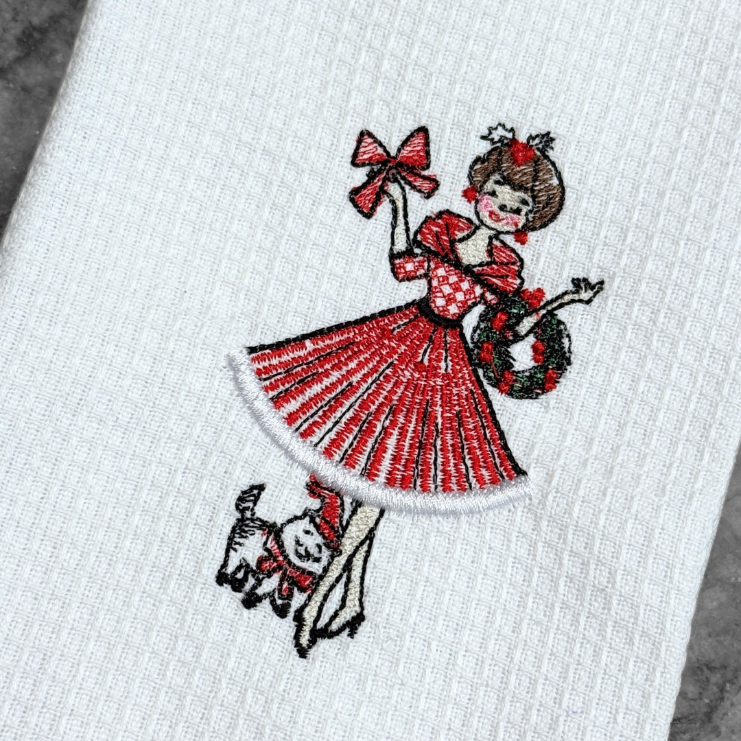 Vintage Holiday Girl Kitchen Towel (Cat)