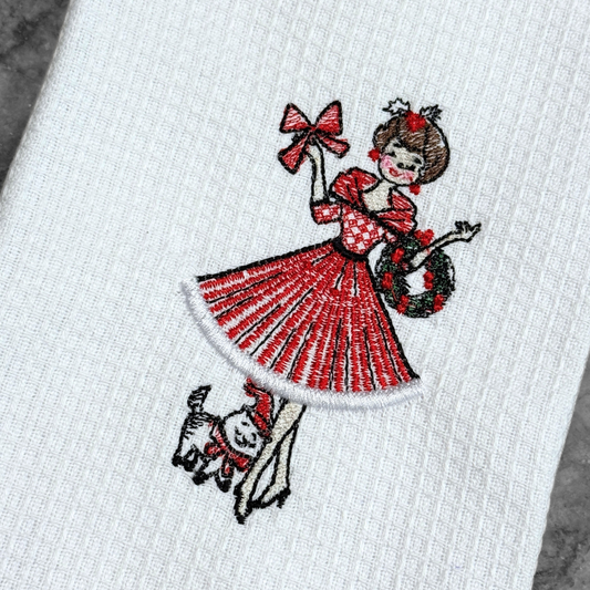 Vintage Holiday Girl Kitchen Towel (Cat)