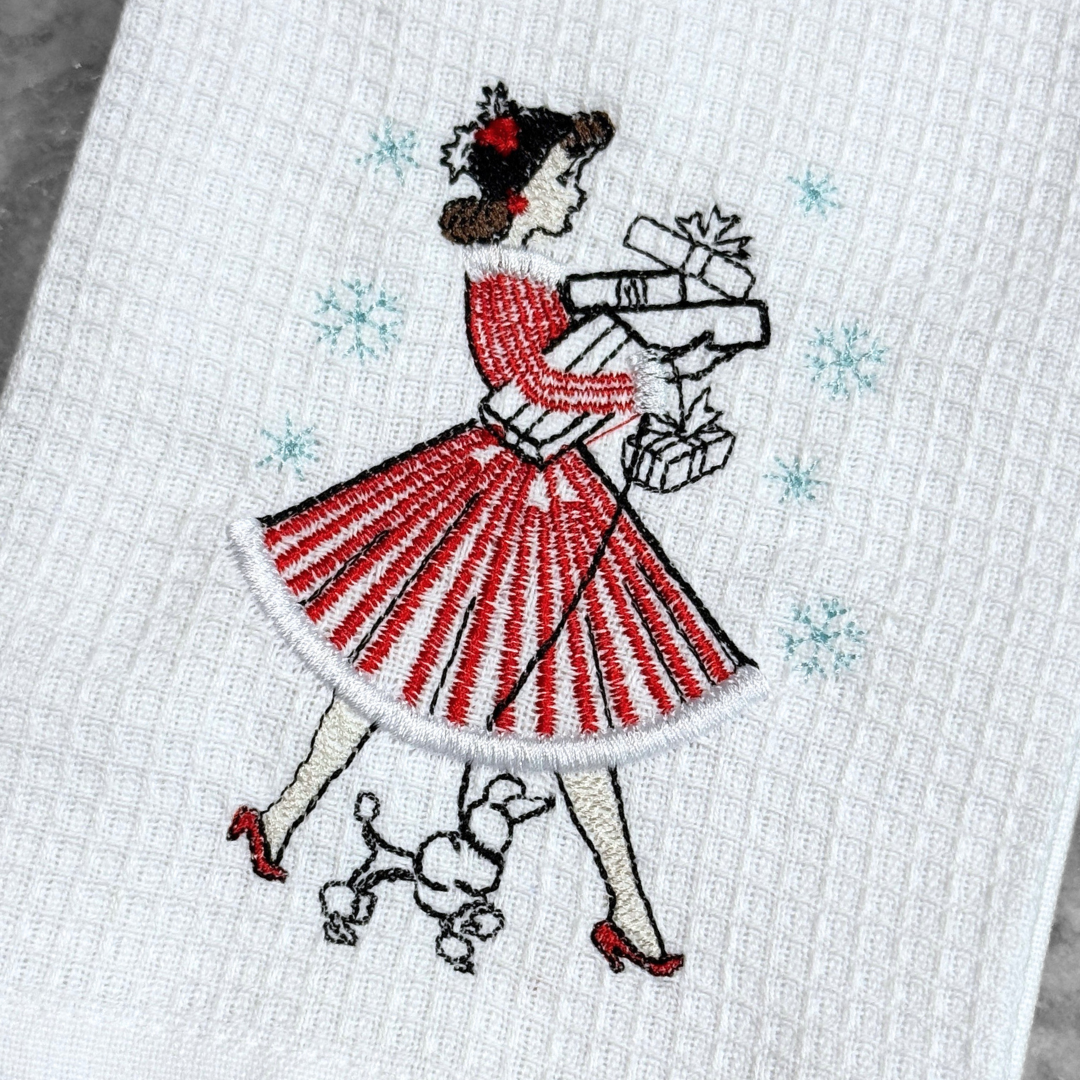 Vintage Holiday Girl Kitchen Towel (Dog)