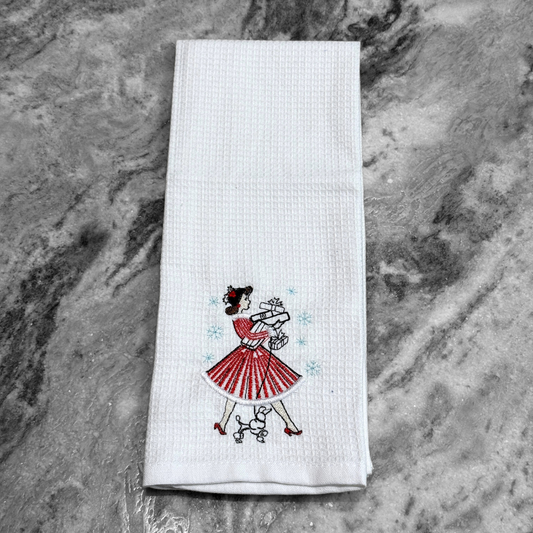 Vintage Holiday Girl Kitchen Towel (Dog)