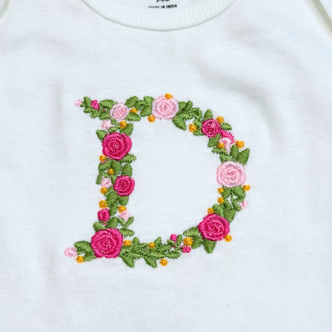 Floral Initial Embroidered White Onesie