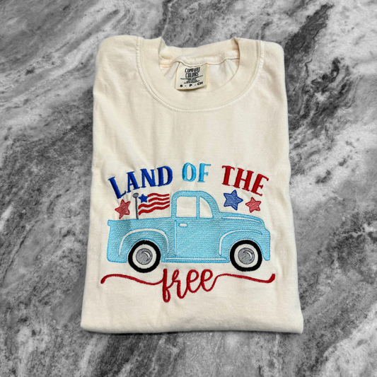 Land of the Free Truck Embroidered T-Shirt Ivory