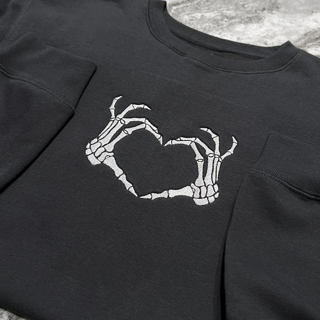 Skeleton Heart Hands Embroidered Crew