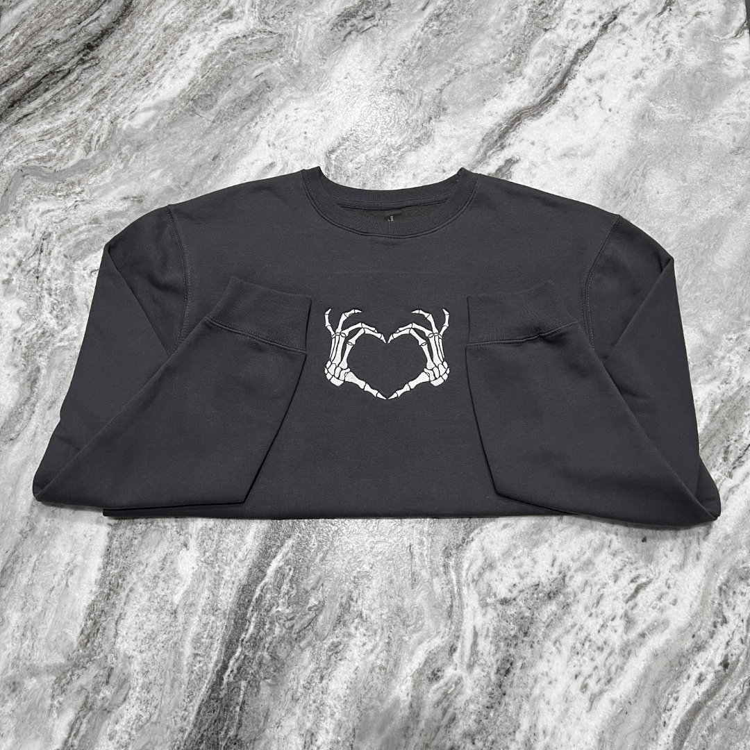 Skeleton Heart Hands Embroidered Crew