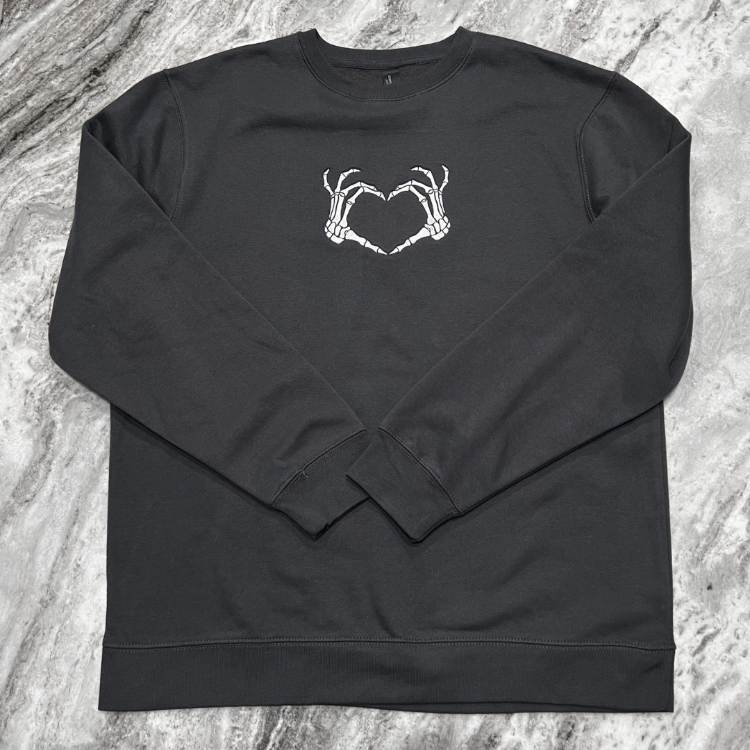 Skeleton Heart Hands Embroidered Crew