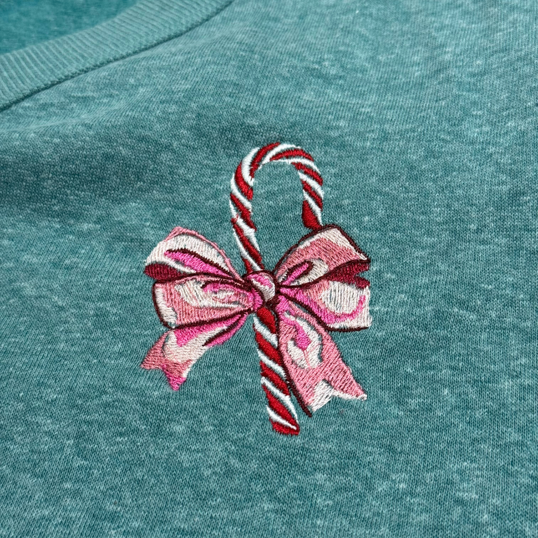 Candy Cane Bow Embroidered V-Neck Sweatshirt