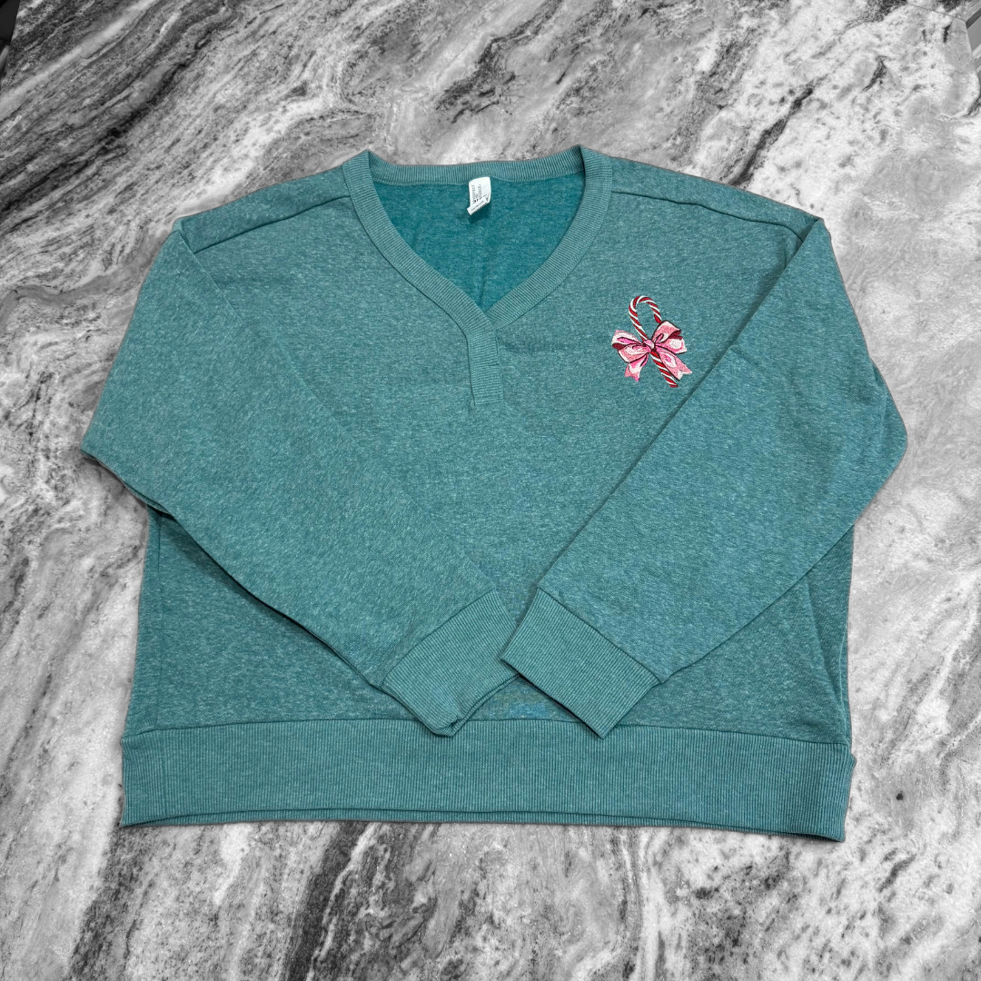 Candy Cane Bow Embroidered V-Neck Sweatshirt
