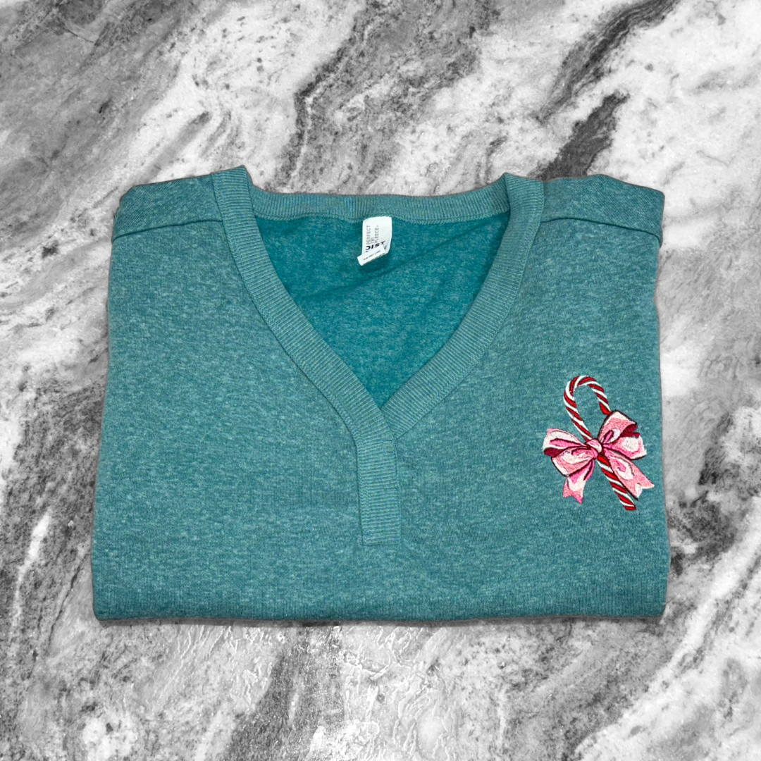 Candy Cane Bow Embroidered V-Neck Sweatshirt